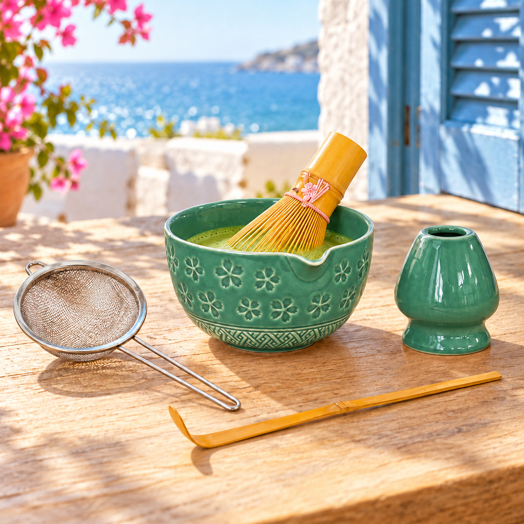 5-Piece Sakura Matcha Set with Spouted Ceramic Bowl for a Home Tea Ritual - Green - lifestyle