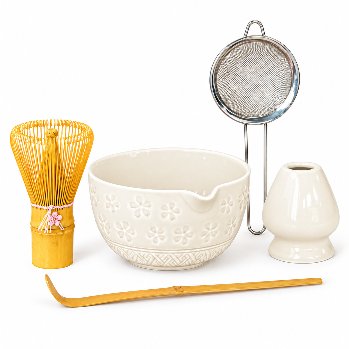 5-Piece Sakura Matcha Set with Spouted Ceramic Bowl for a Home Tea Ritual - White - main