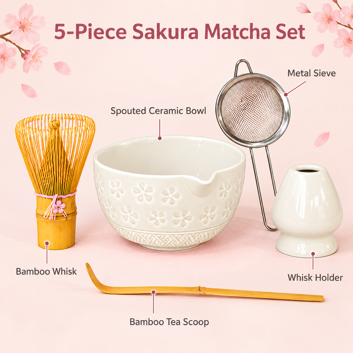 5-Piece Sakura Matcha Set with Spouted Ceramic Bowl for a Home Tea Ritual - White - feature