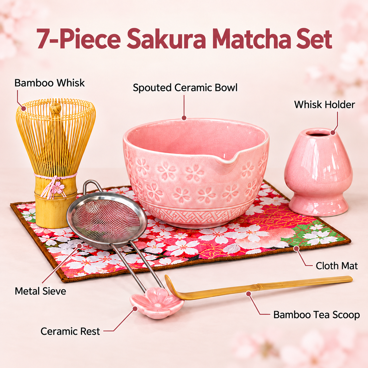 7-Piece Sakura Matcha Set with Spouted Ceramic Bowl for a Home Tea Ritual - Pink - feature