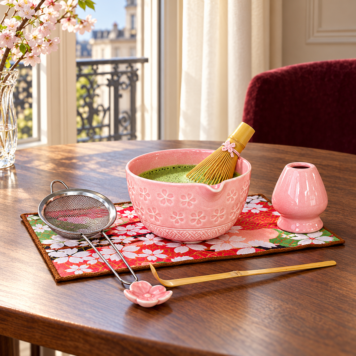 7-Piece Sakura Matcha Set with Spouted Ceramic Bowl for a Home Tea Ritual - Pink - lifestyle