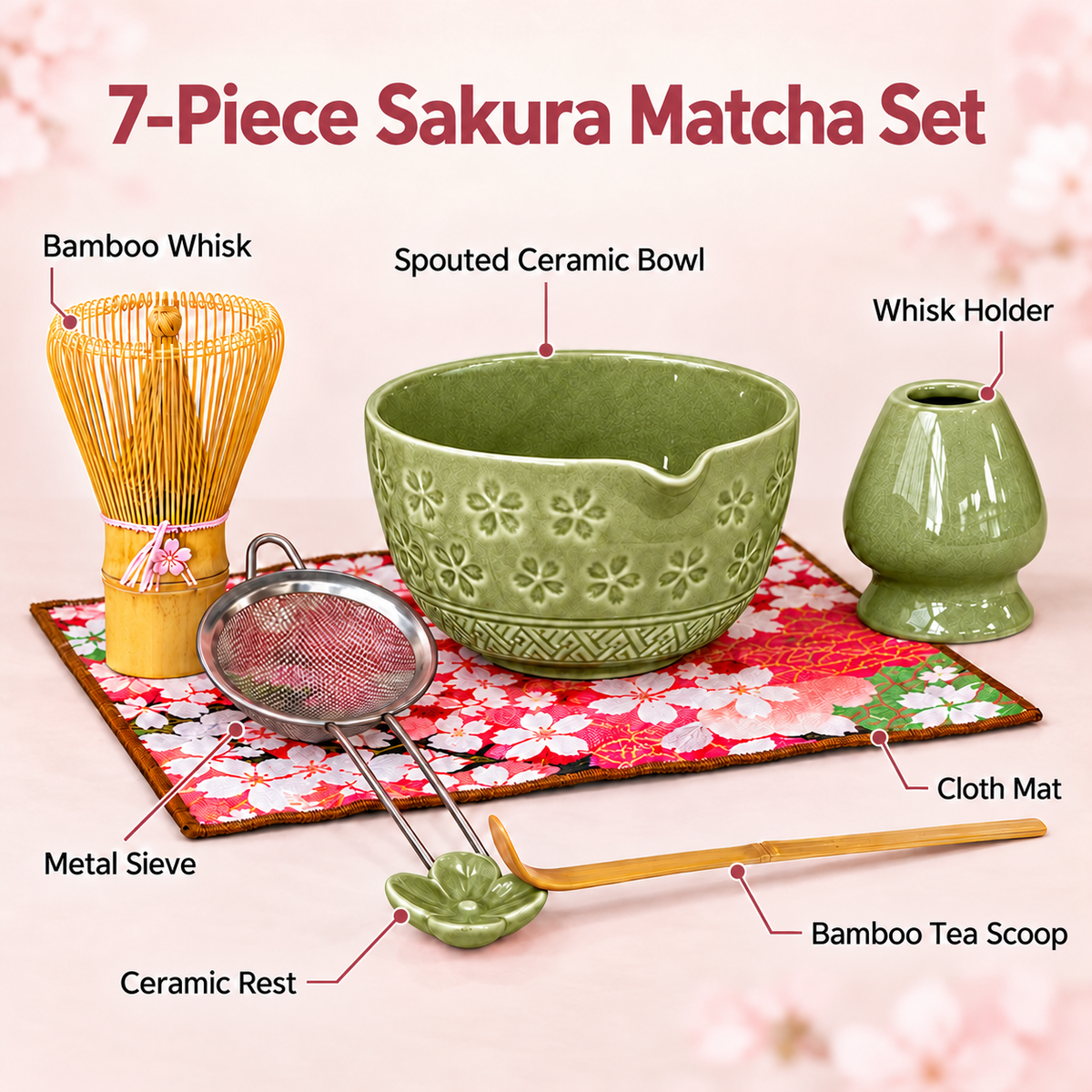 7-Piece Sakura Matcha Set with Spouted Ceramic Bowl for a Home Tea Ritual - Matcha Green - feature