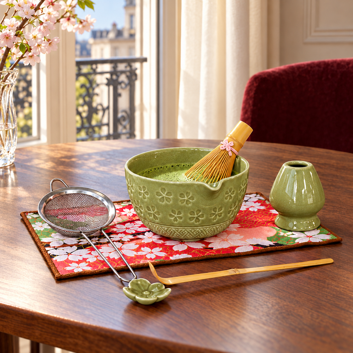 7-Piece Sakura Matcha Set with Spouted Ceramic Bowl for a Home Tea Ritual - Matcha Green - lifestyle