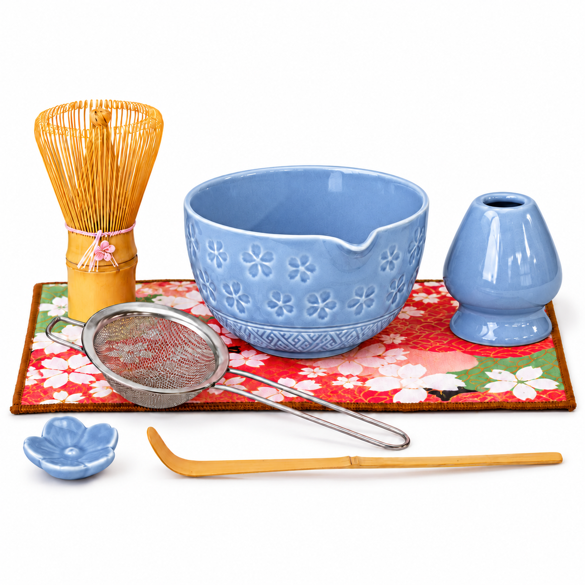 7-Piece Sakura Matcha Set with Spouted Ceramic Bowl for a Home Tea Ritual - Blue - main