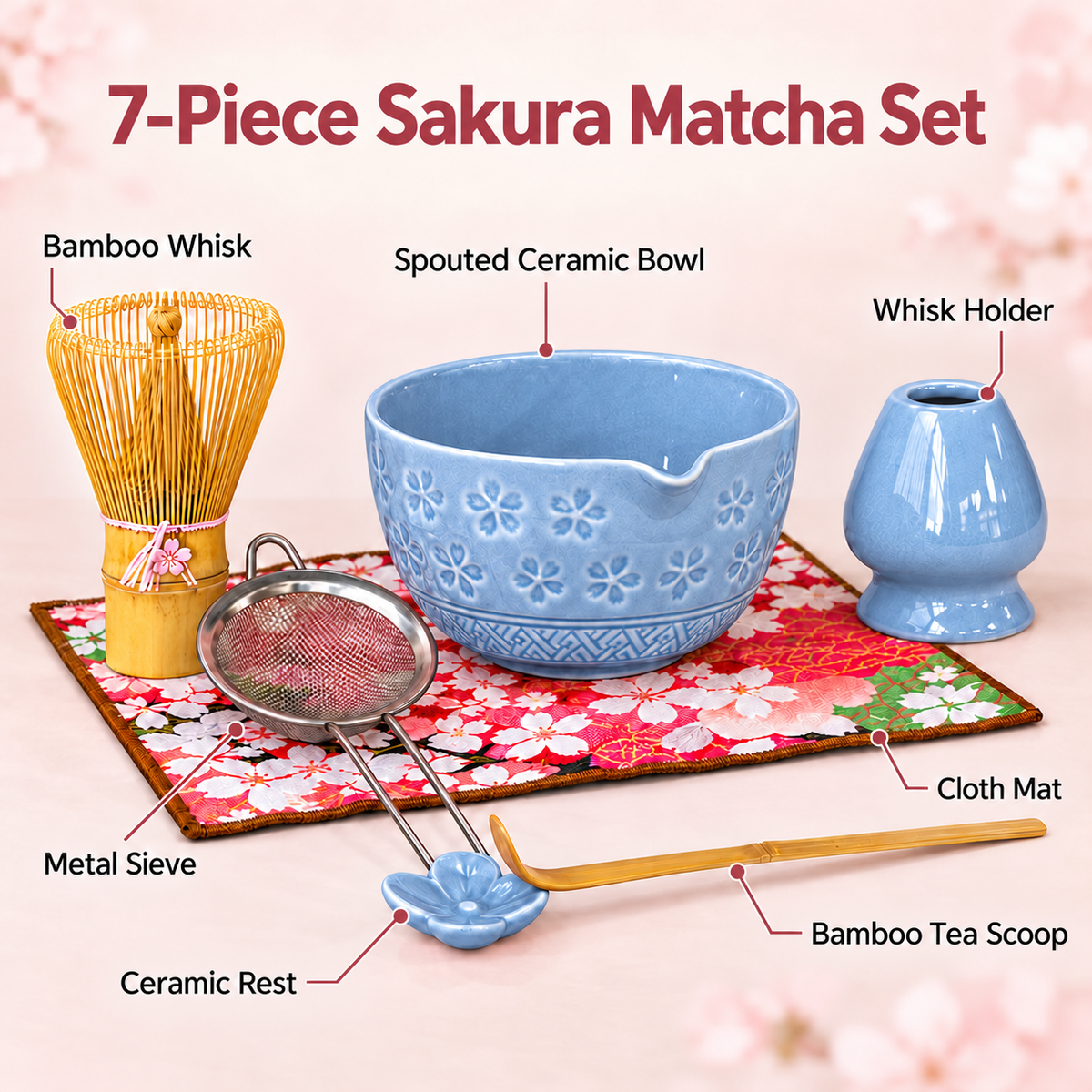 7-Piece Sakura Matcha Set with Spouted Ceramic Bowl for a Home Tea Ritual - Blue - feature