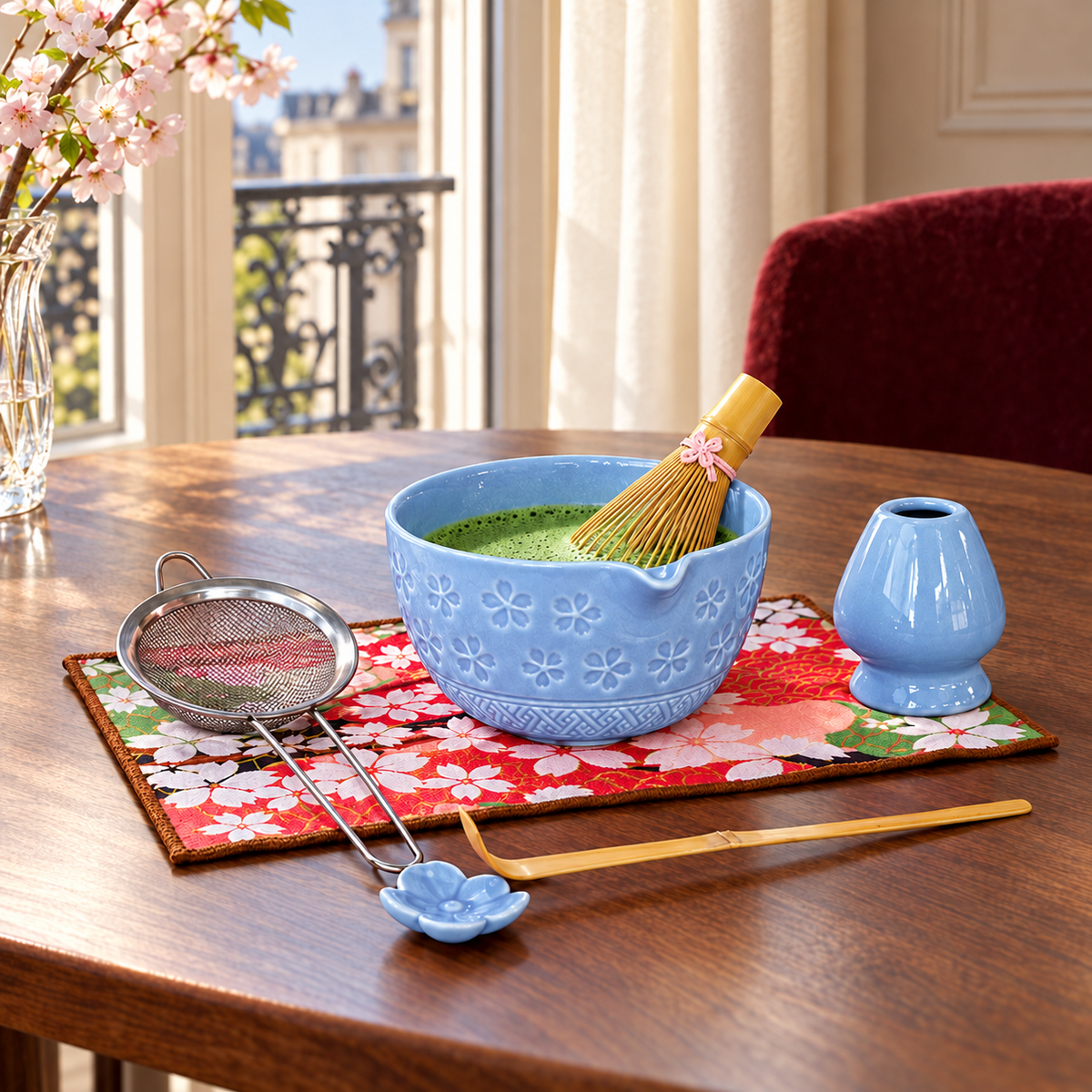 7-Piece Sakura Matcha Set with Spouted Ceramic Bowl for a Home Tea Ritual - Blue - lifestyle