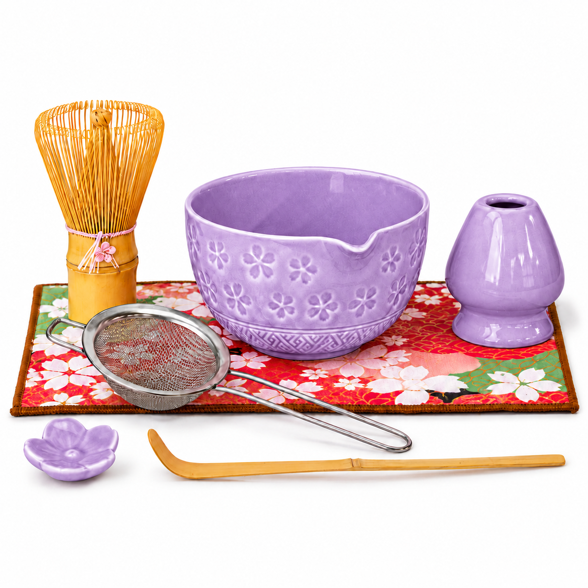 7-Piece Sakura Matcha Set with Spouted Ceramic Bowl for a Home Tea Ritual - Purple - main