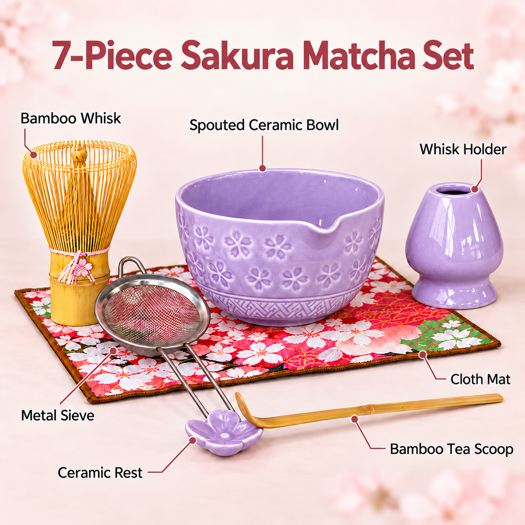 7-Piece Sakura Matcha Set with Spouted Ceramic Bowl for a Home Tea Ritual - Purple - feature