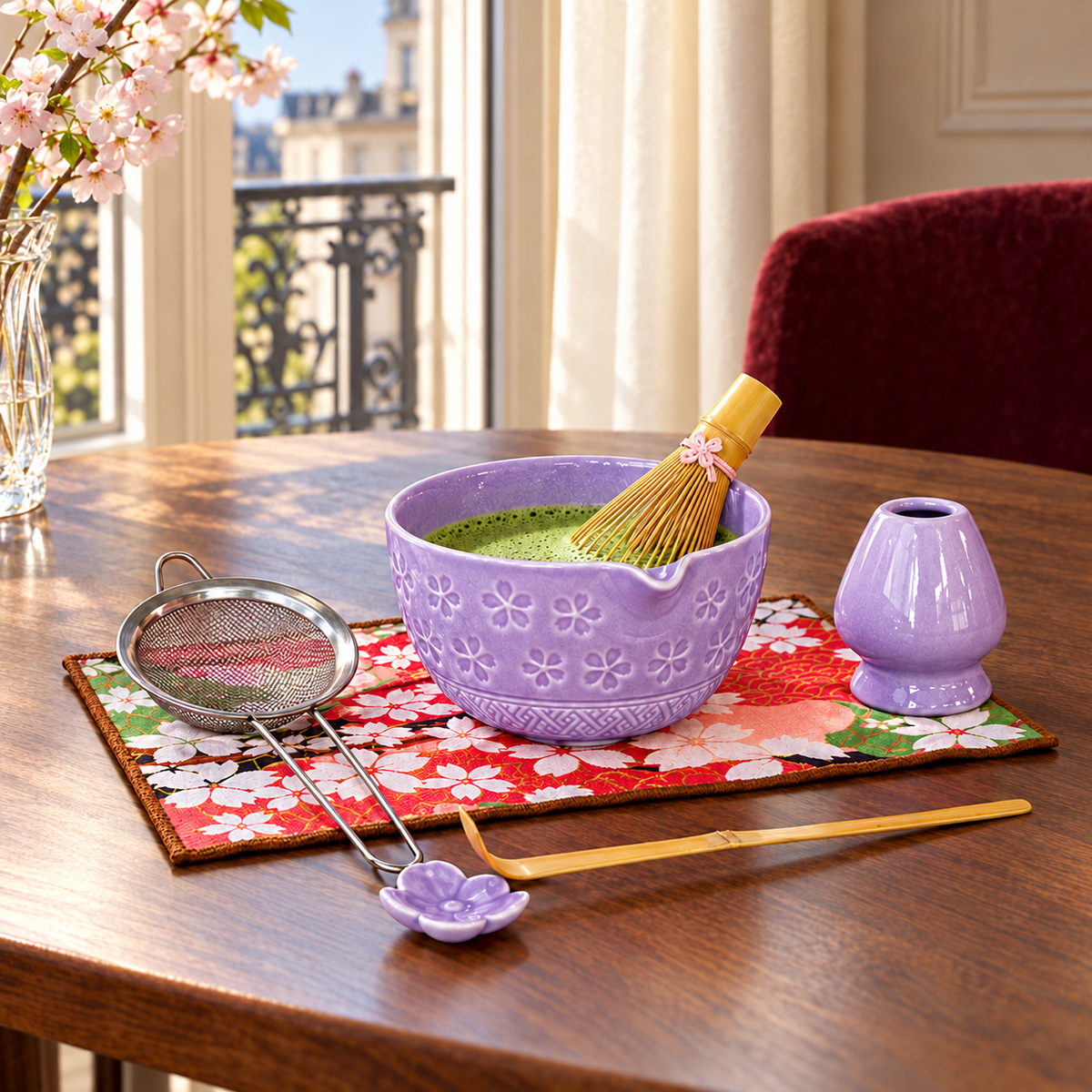 7-Piece Sakura Matcha Set with Spouted Ceramic Bowl for a Home Tea Ritual - Purple - lifestyle