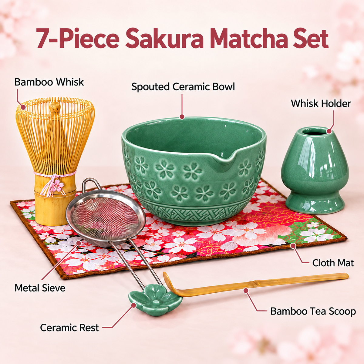 7-Piece Sakura Matcha Set with Spouted Ceramic Bowl for a Home Tea Ritual - Green - feature
