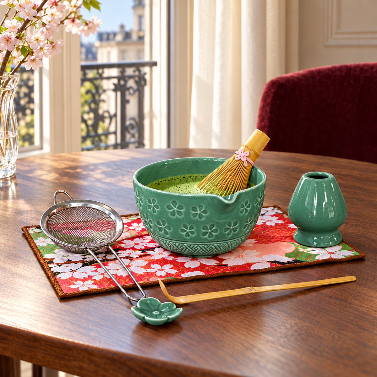 7-Piece Sakura Matcha Set with Spouted Ceramic Bowl for a Home Tea Ritual - Green - lifestyle