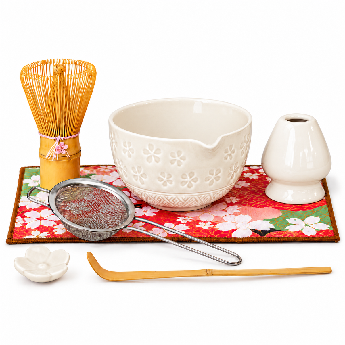 7-Piece Sakura Matcha Set with Spouted Ceramic Bowl for a Home Tea Ritual - White - main