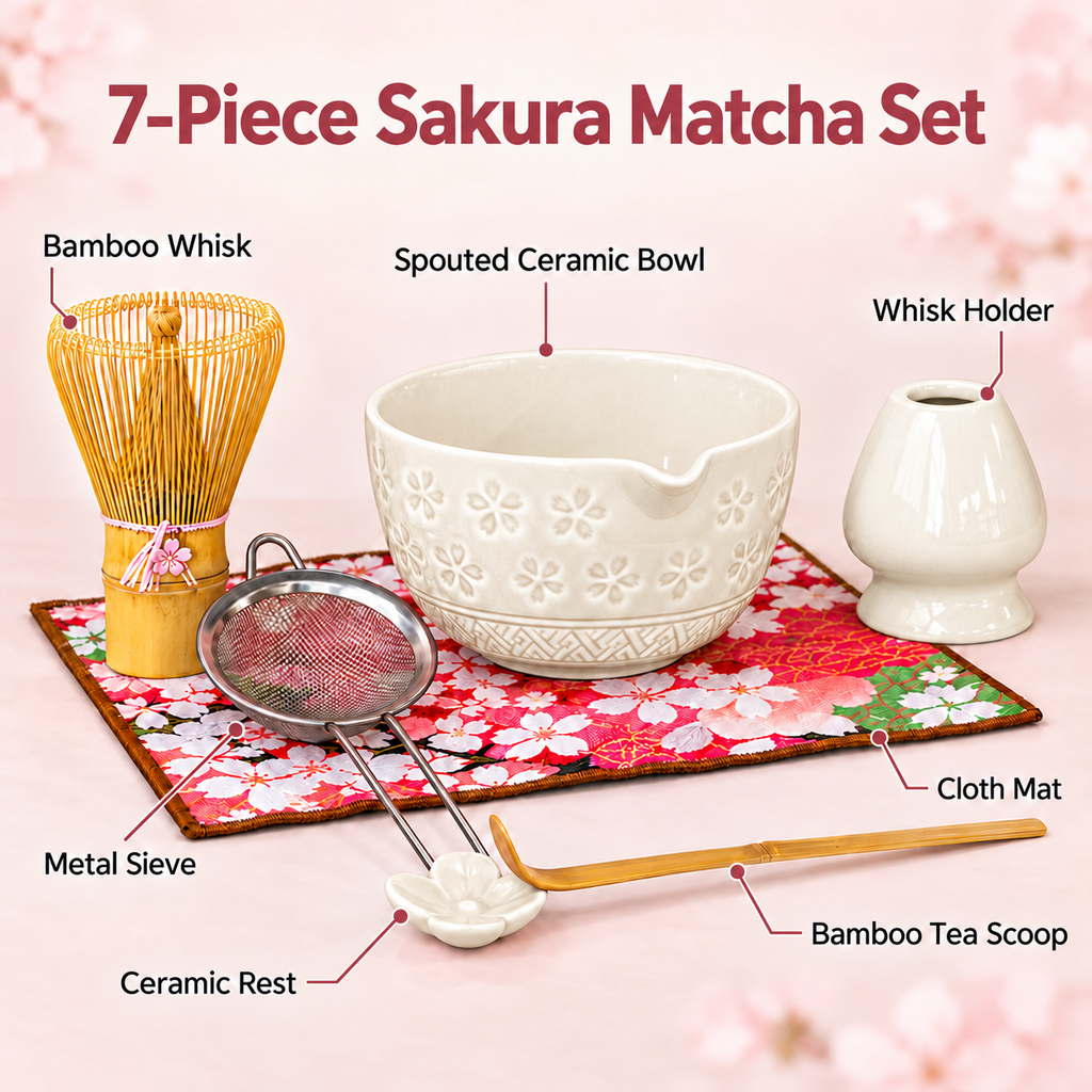 7-Piece Sakura Matcha Set with Spouted Ceramic Bowl for a Home Tea Ritual - White - feature