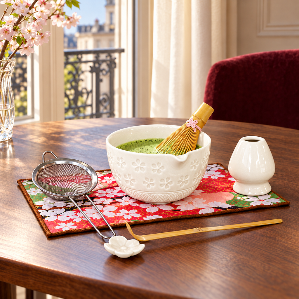 7-Piece Sakura Matcha Set with Spouted Ceramic Bowl for a Home Tea Ritual - White - lifestyle