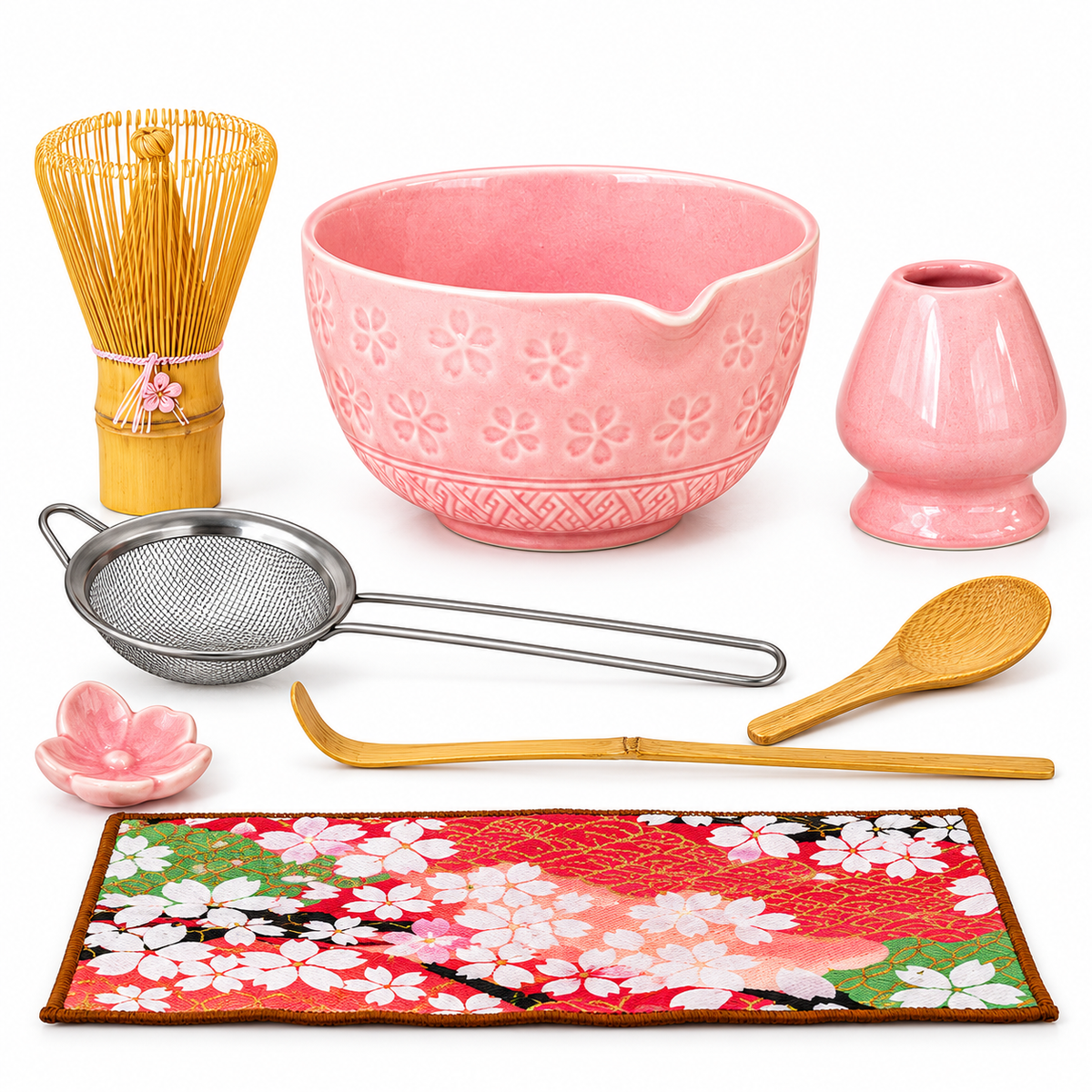 8-Piece Sakura Matcha Set with Spouted Ceramic Bowl for a Home Tea Ritual - Pink - main