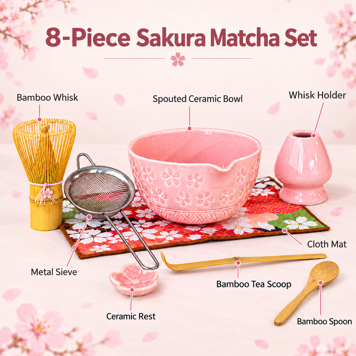 8-Piece Sakura Matcha Set with Spouted Ceramic Bowl for a Home Tea Ritual - Pink - feature