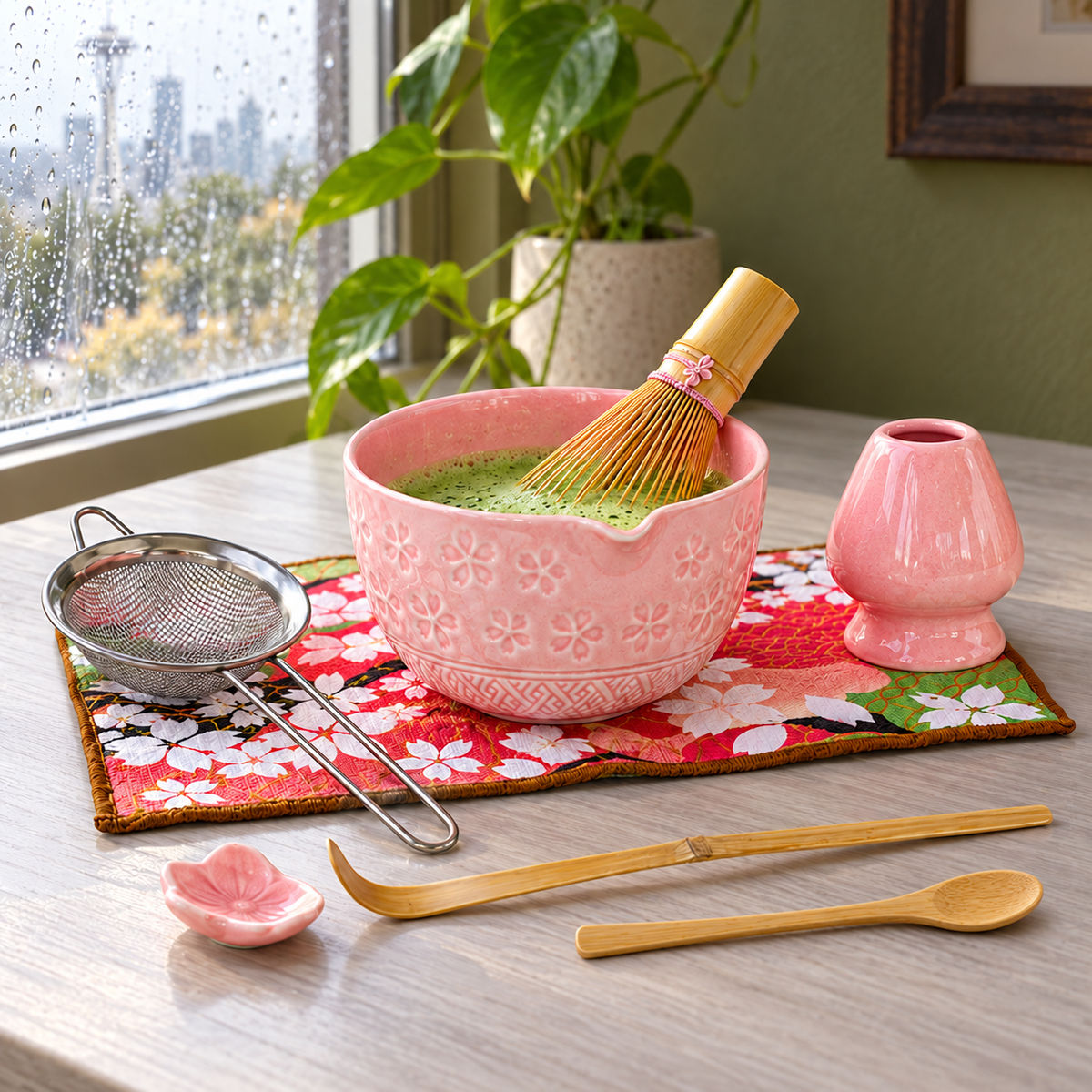 8-Piece Sakura Matcha Set with Spouted Ceramic Bowl for a Home Tea Ritual - Pink - lifestyle