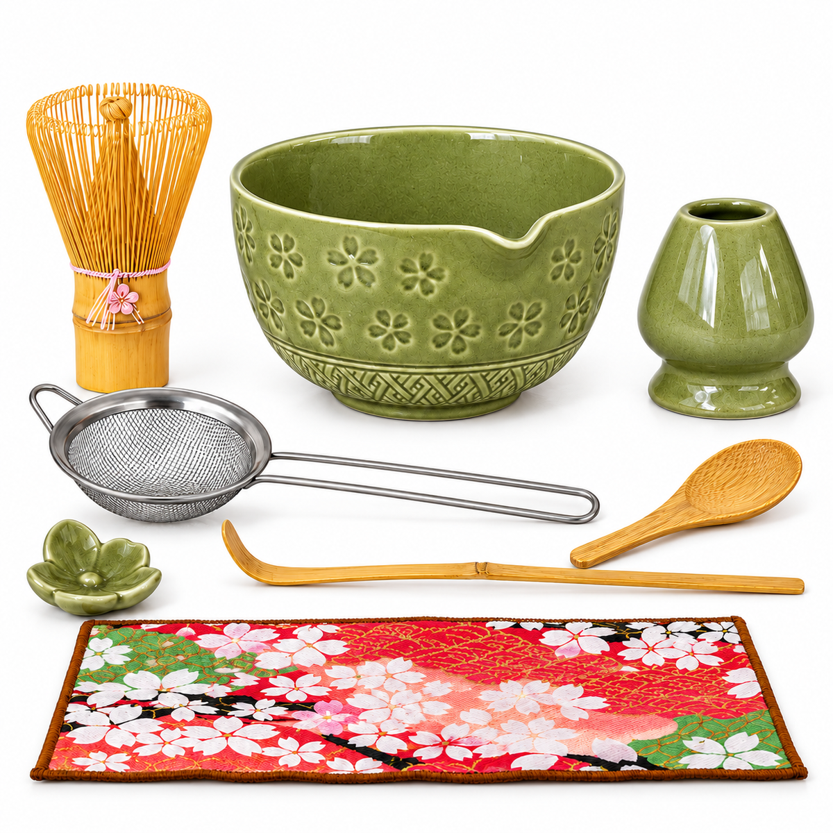 8-Piece Sakura Matcha Set with Spouted Ceramic Bowl for a Home Tea Ritual - Matcha Green - main