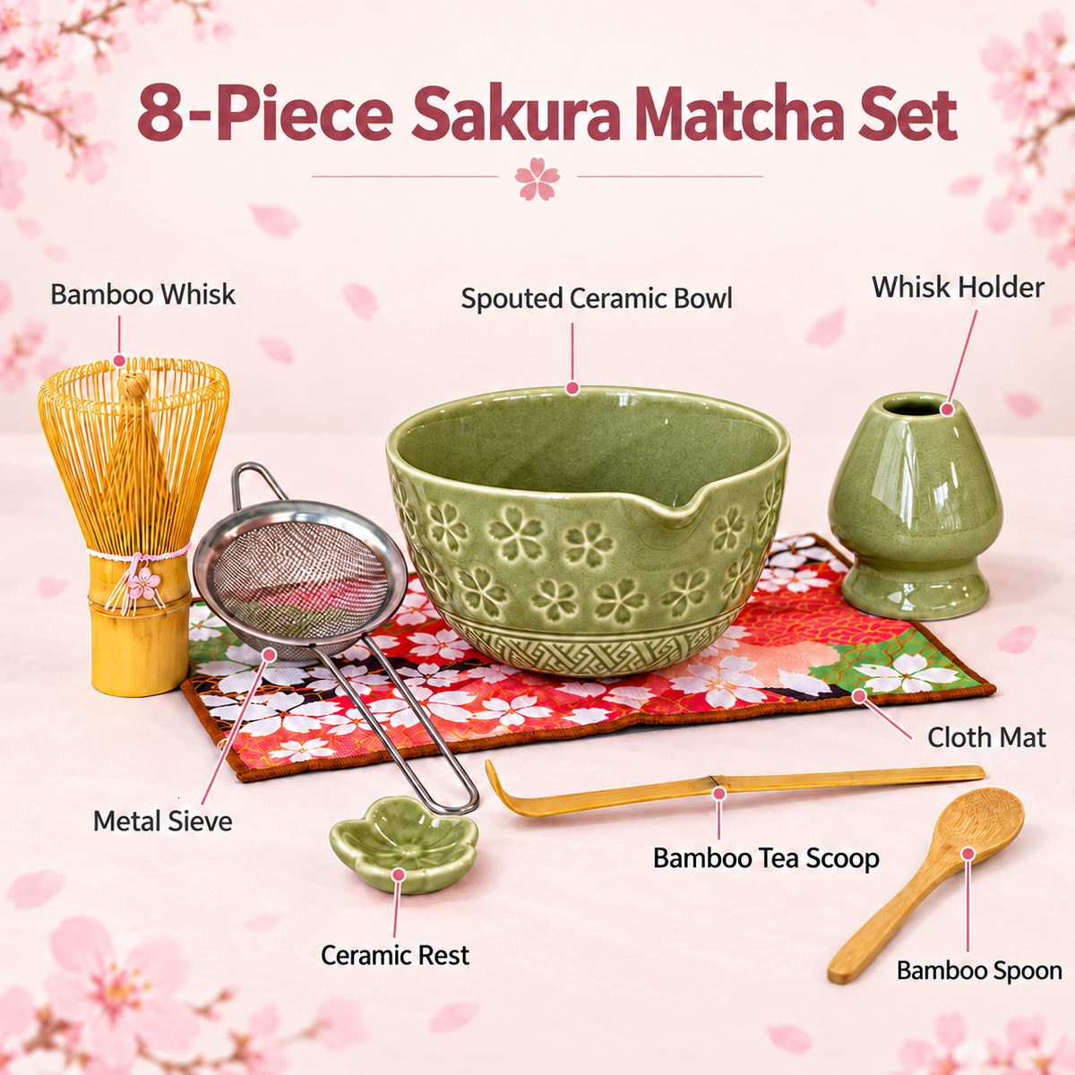 8-Piece Sakura Matcha Set with Spouted Ceramic Bowl for a Home Tea Ritual - Matcha Green - feature
