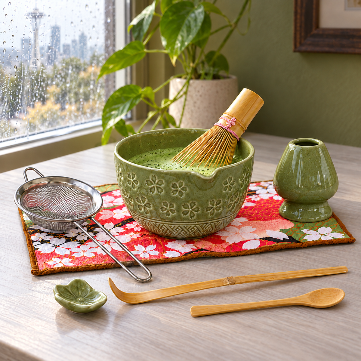 8-Piece Sakura Matcha Set with Spouted Ceramic Bowl for a Home Tea Ritual - Matcha Green - lifestyle