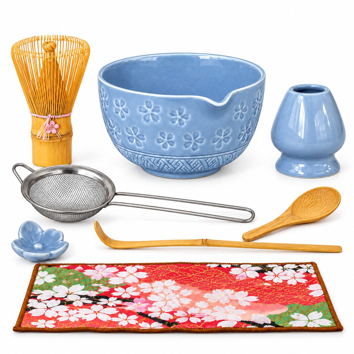 8-Piece Sakura Matcha Set with Spouted Ceramic Bowl for a Home Tea Ritual - Blue - main