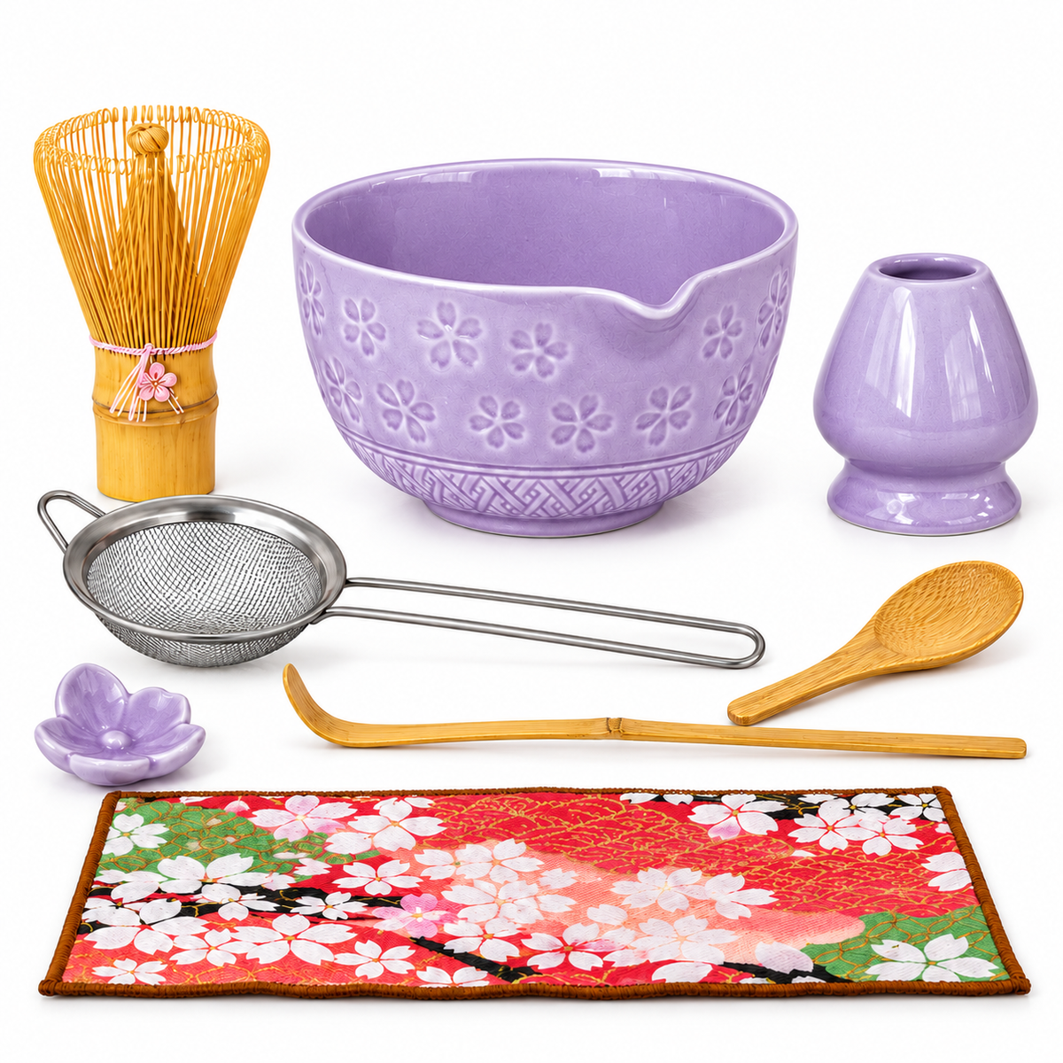 8-Piece Sakura Matcha Set with Spouted Ceramic Bowl for a Home Tea Ritual - Purple - main