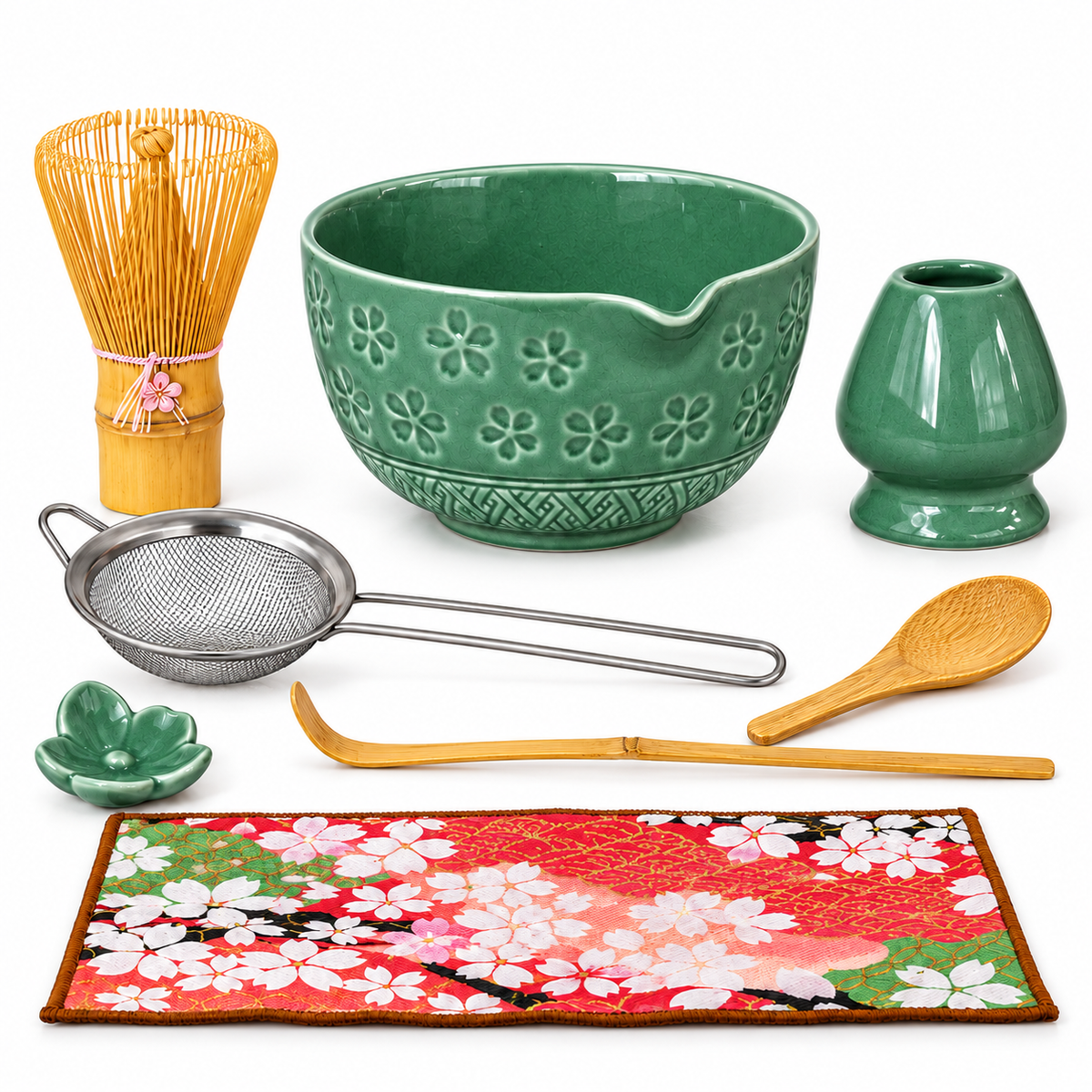 8-Piece Sakura Matcha Set with Spouted Ceramic Bowl for a Home Tea Ritual - Green - main