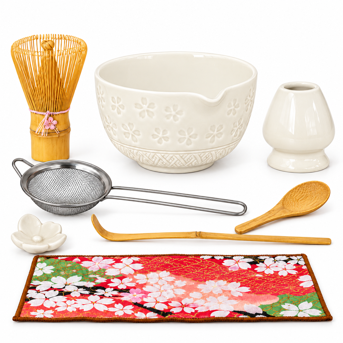8-Piece Sakura Matcha Set with Spouted Ceramic Bowl for a Home Tea Ritual - White - main